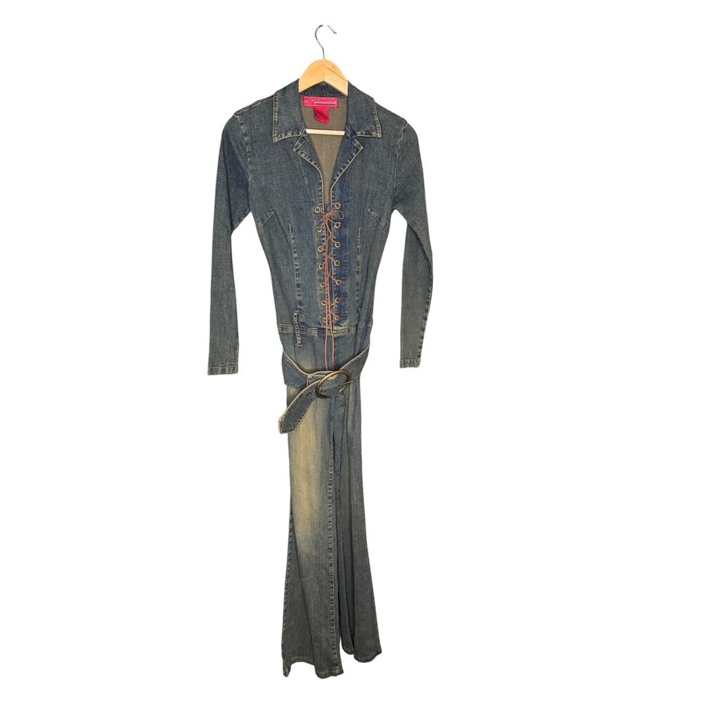Hot Kiss Denim Jumpsuit XS Lace Up Front Belted Wide Leg Y2K Vintage